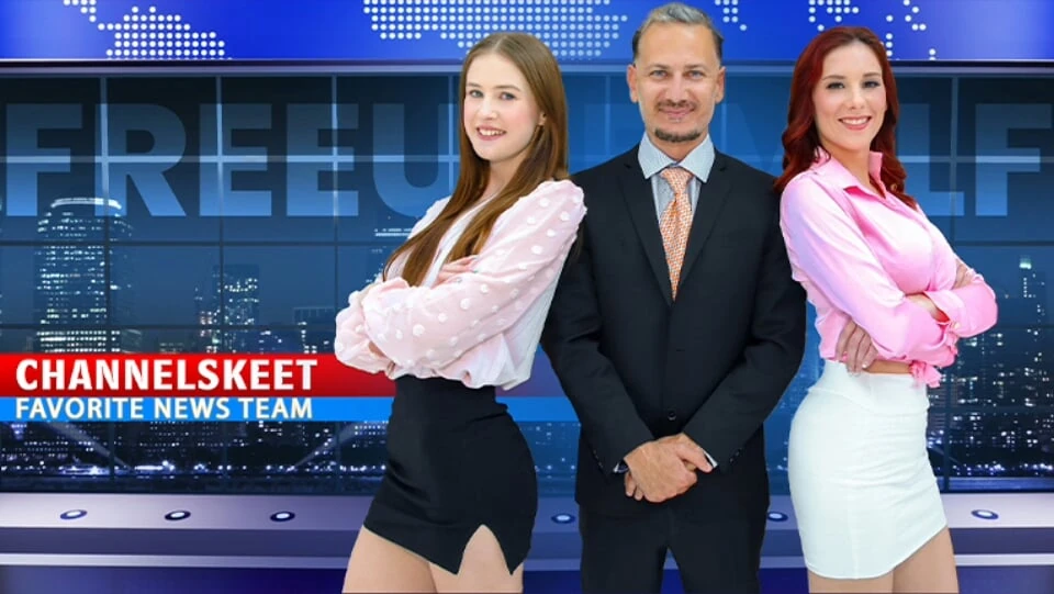 ChannelSkeet Breaking News – Male News Anchor FreeUse Bangs His Redhead Colleague & 18yo Protester