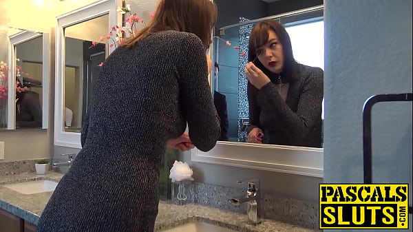 Brunette teen with small tits cums all over stiff cock