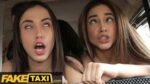 Fake Taxi - threesome in the back with two sexy young Spanish babes horny to ride drivers dick