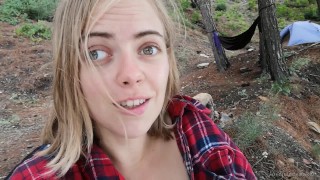Risky pussy play and creamy cum in the camp near the precipice! Can you stand the power of storm?